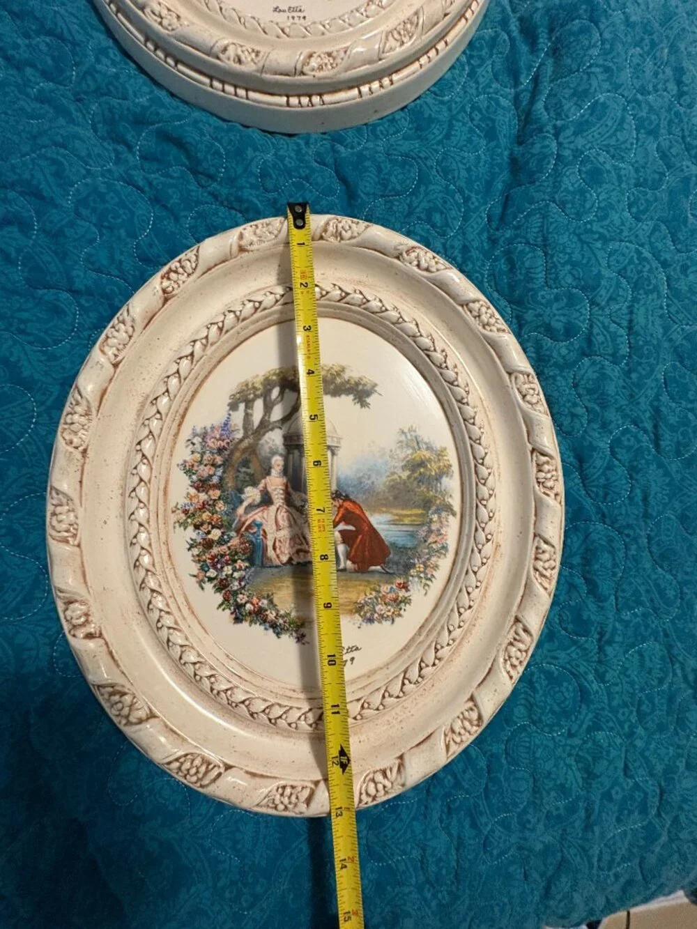 2 Vintage Oval Decorative Plates w/Romantic Scene Lady on Swing 1979
